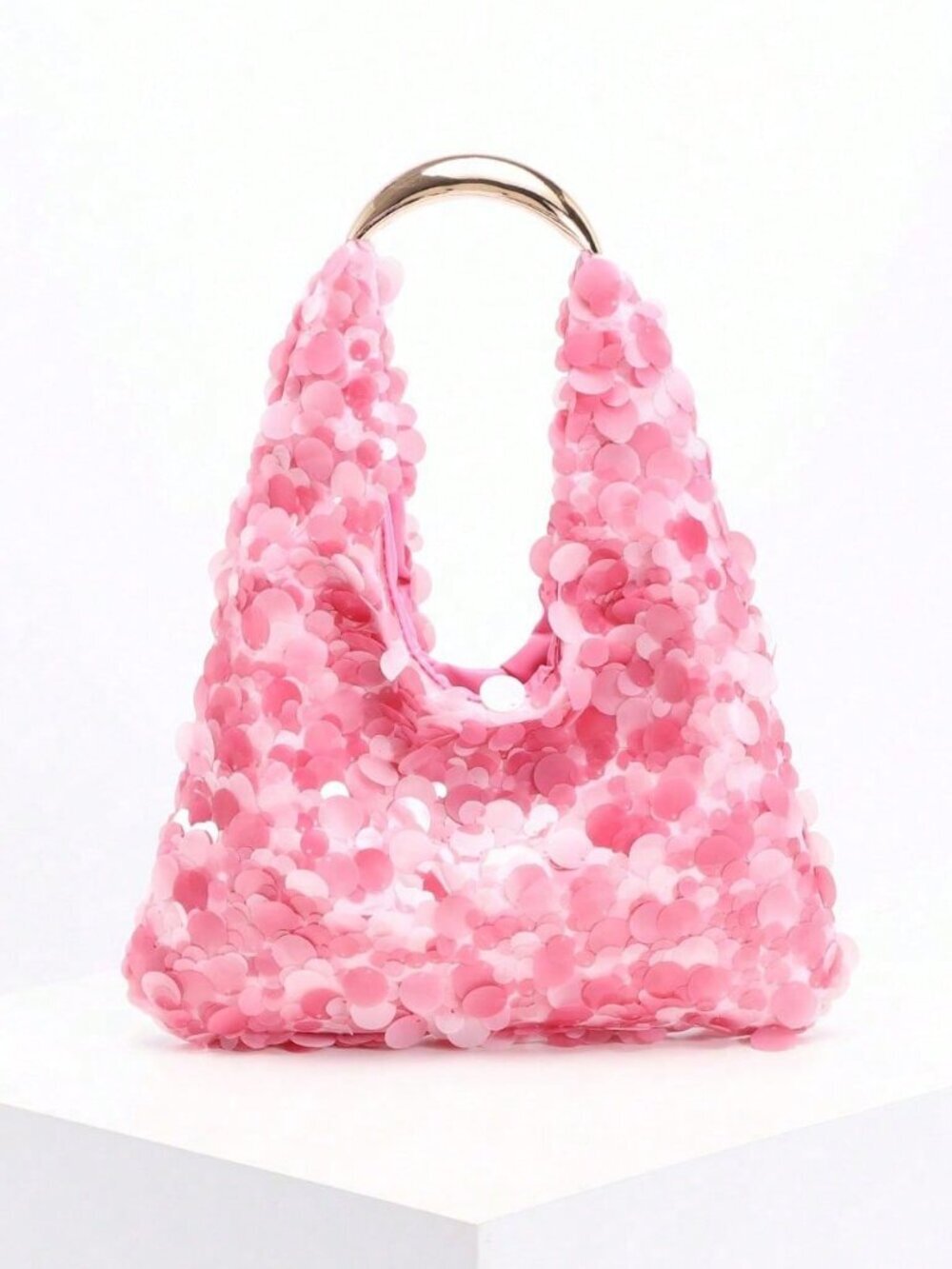 Pink Women's Mermaid Sequin Crescent Moon Metal Bag